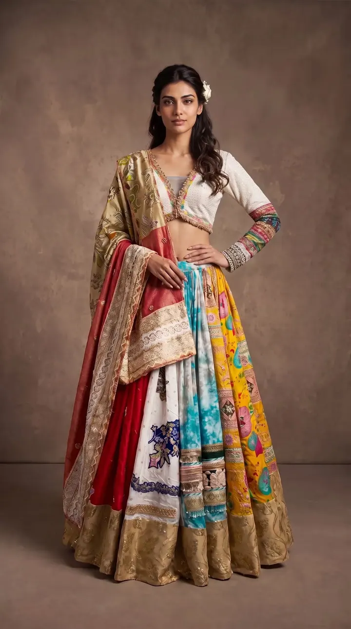 Ivory patchwork lehenga on a model, ethnic wear product photography by Vayem Studios