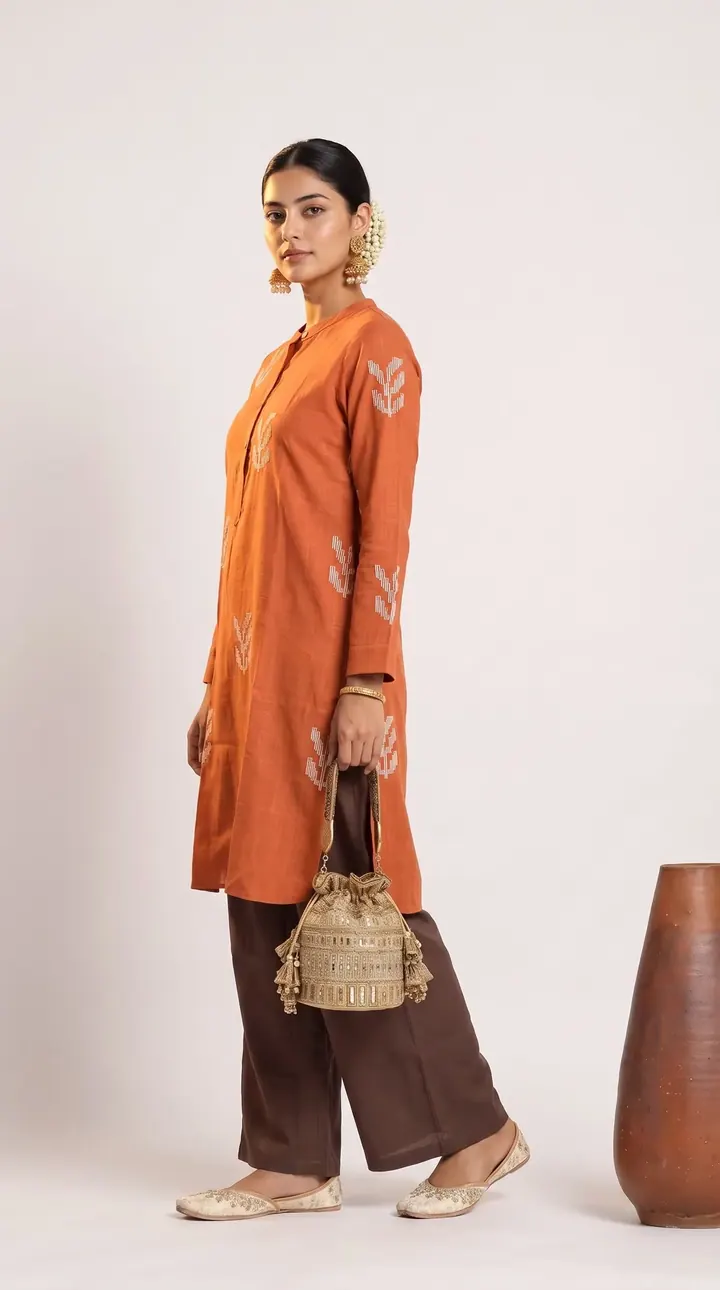 Rust kurta set on a model, lifestyle product photography by Vayem Studios