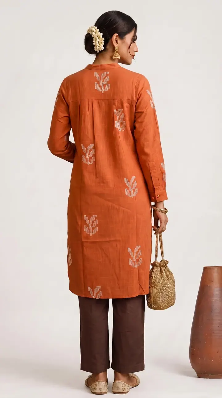 Rust kurta set on a model, lifestyle product photography by Vayem Studios